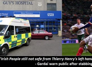 Thierry Henry stabs Irishman who joked about “handball”.